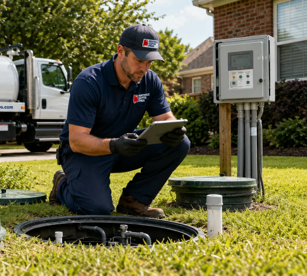 Brevard Septic Services technician servicing an aerobic septic treatment unit control panel in Brevard County, FL