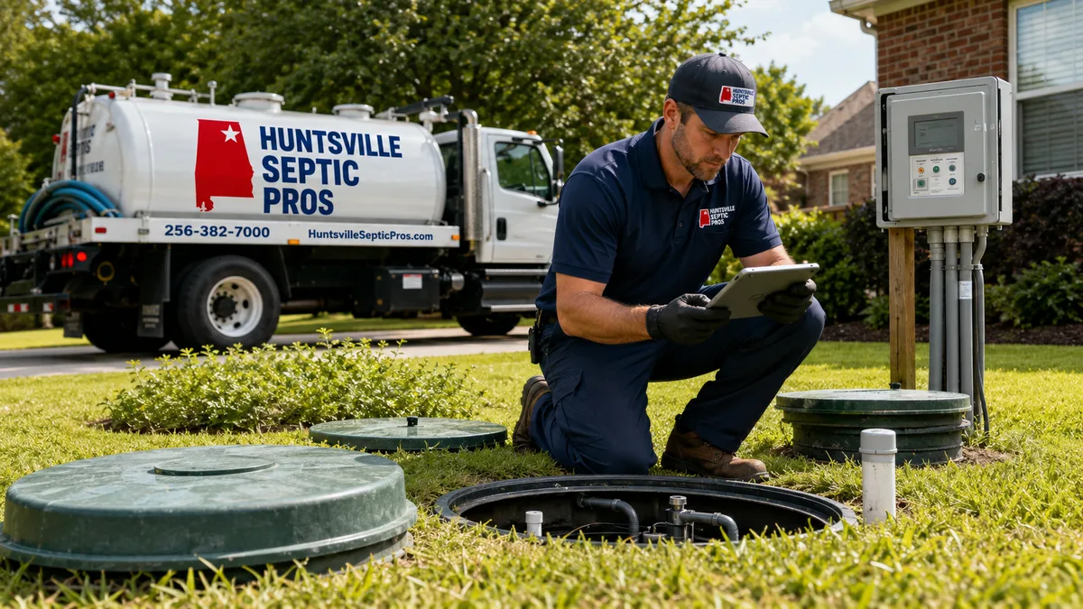 Brevard Septic Services technician inspecting an aerobic septic treatment unit in Brevard County, FL