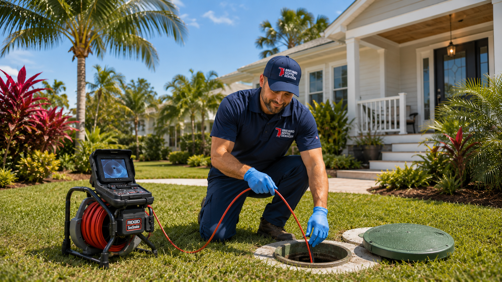 Brevard Septic Services technician using camera inspection equipment to diagnose a drain line at a Melbourne, FL home