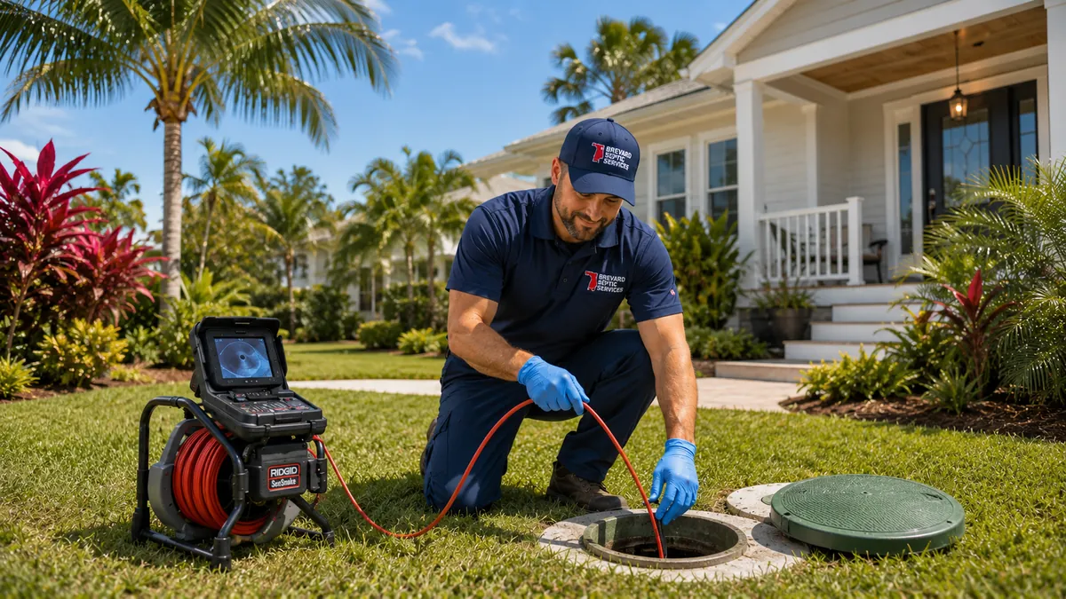 Brevard Septic Services technician using camera inspection equipment to diagnose a drain line at a Melbourne, FL home