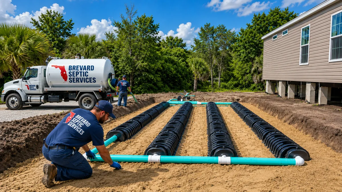 Brevard Septic Services crew installing drainfield lateral lines in sandy Florida soil at a Brevard County home