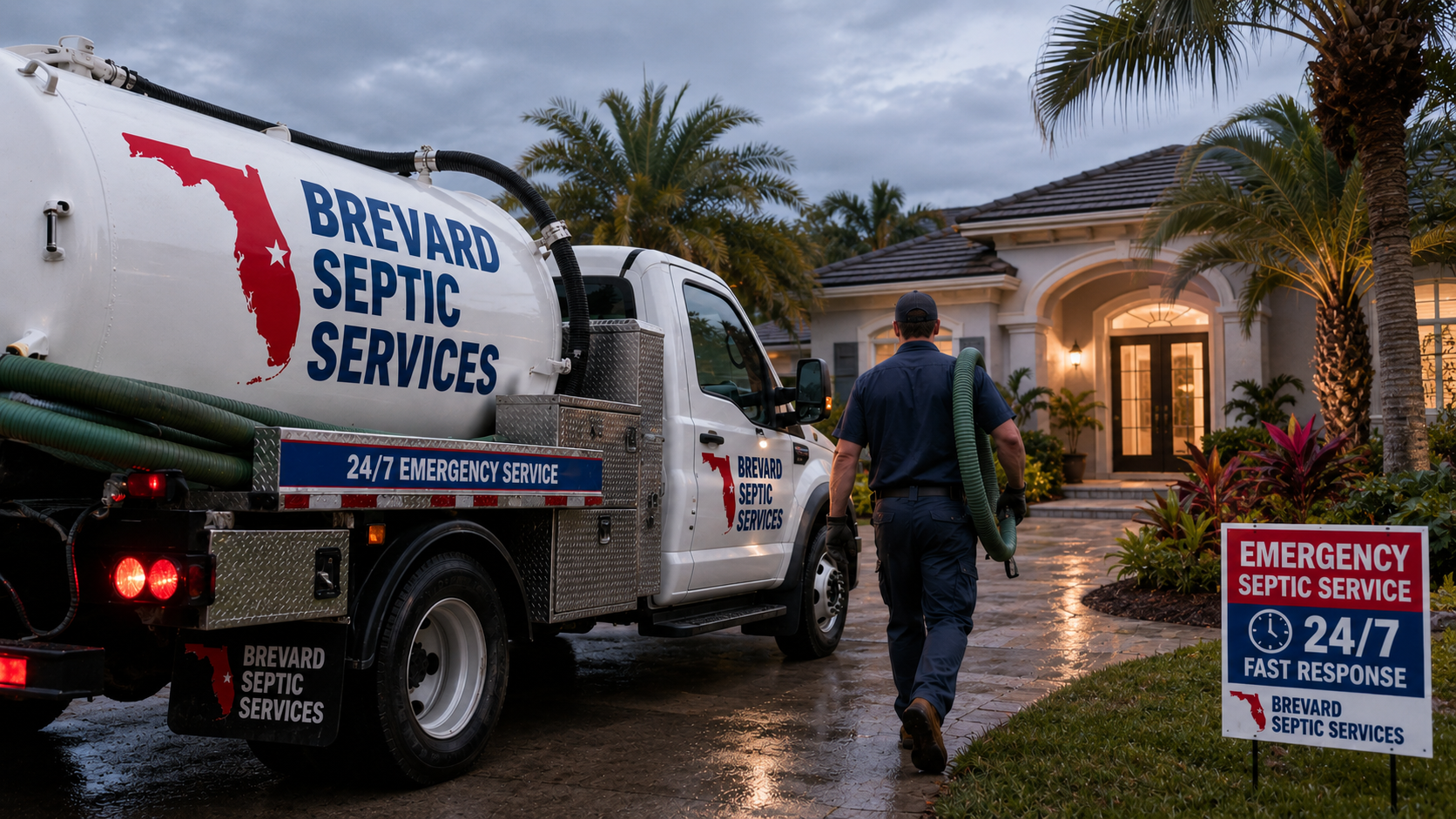 Brevard Septic Services emergency truck arriving at a Brevard County, FL home for 24/7 emergency septic response