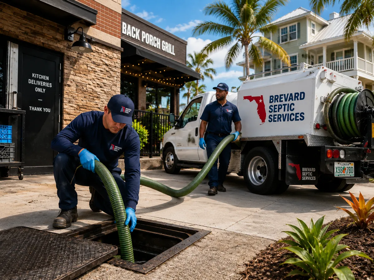 Brevard Septic Services crew pumping a commercial grease trap at a restaurant in Brevard County, FL