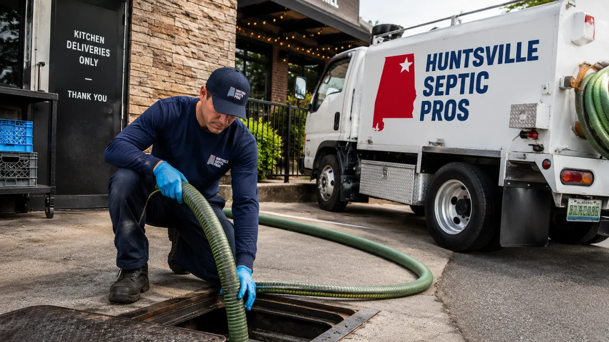 Brevard Septic Services technician cleaning a commercial grease trap at a Brevard County, FL restaurant