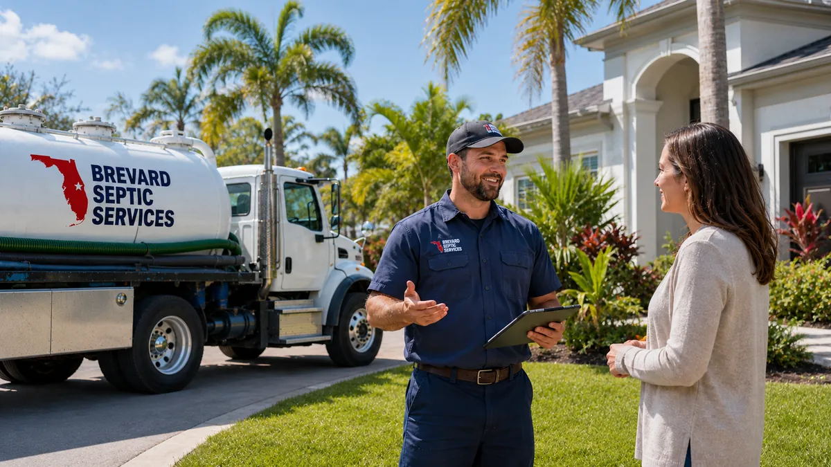 Brevard Septic Services technician reviewing a free septic estimate with a homeowner at a Melbourne, FL property