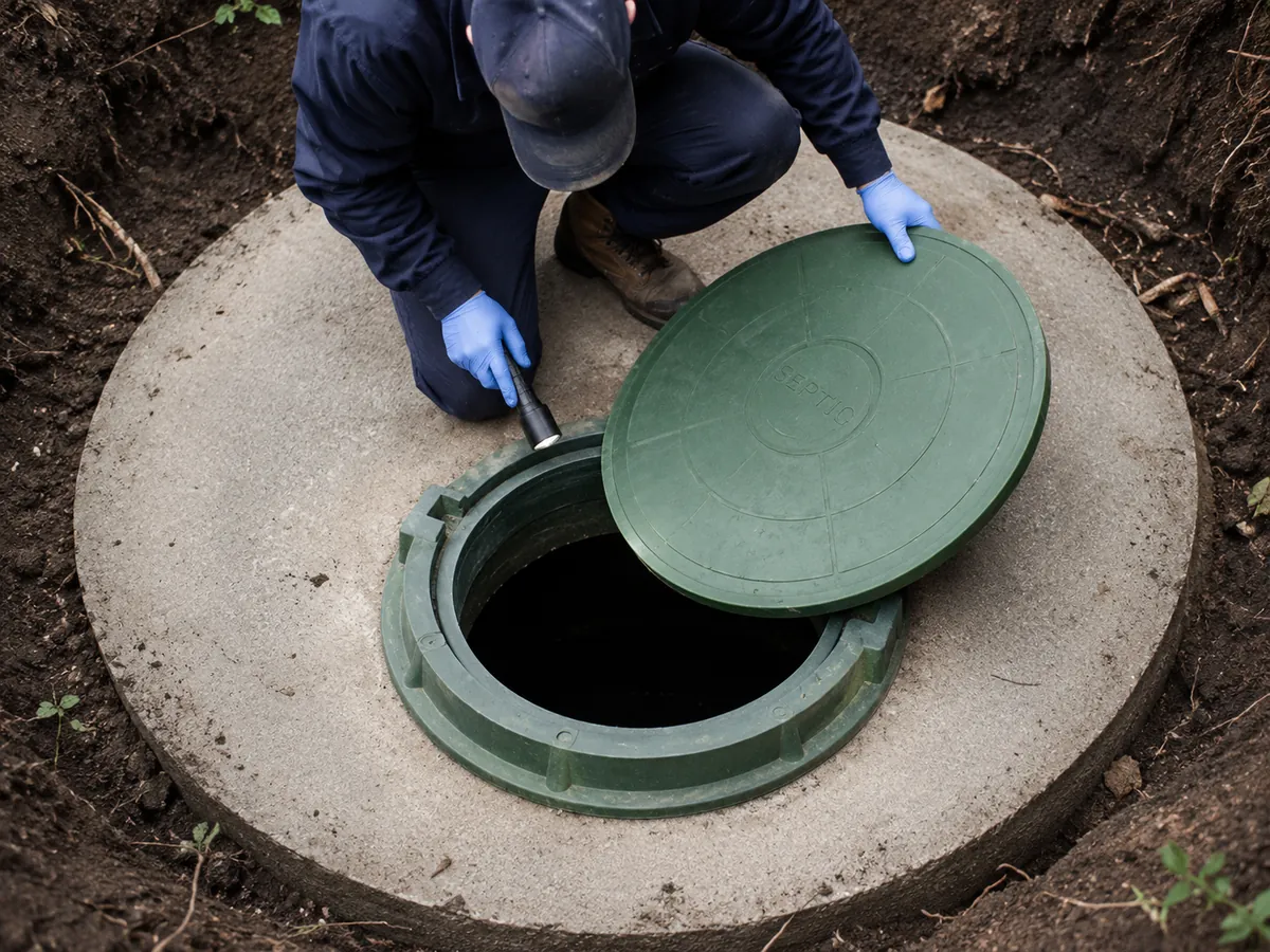 Brevard Septic Services technician opening a septic tank riser for inspection in Brevard County, FL