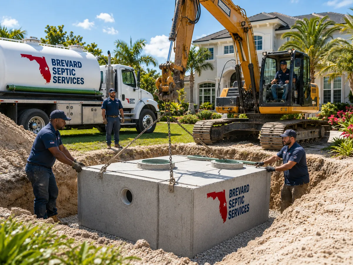 Brevard Septic Services crew lowering a concrete septic tank into excavation at a Brevard County, FL home