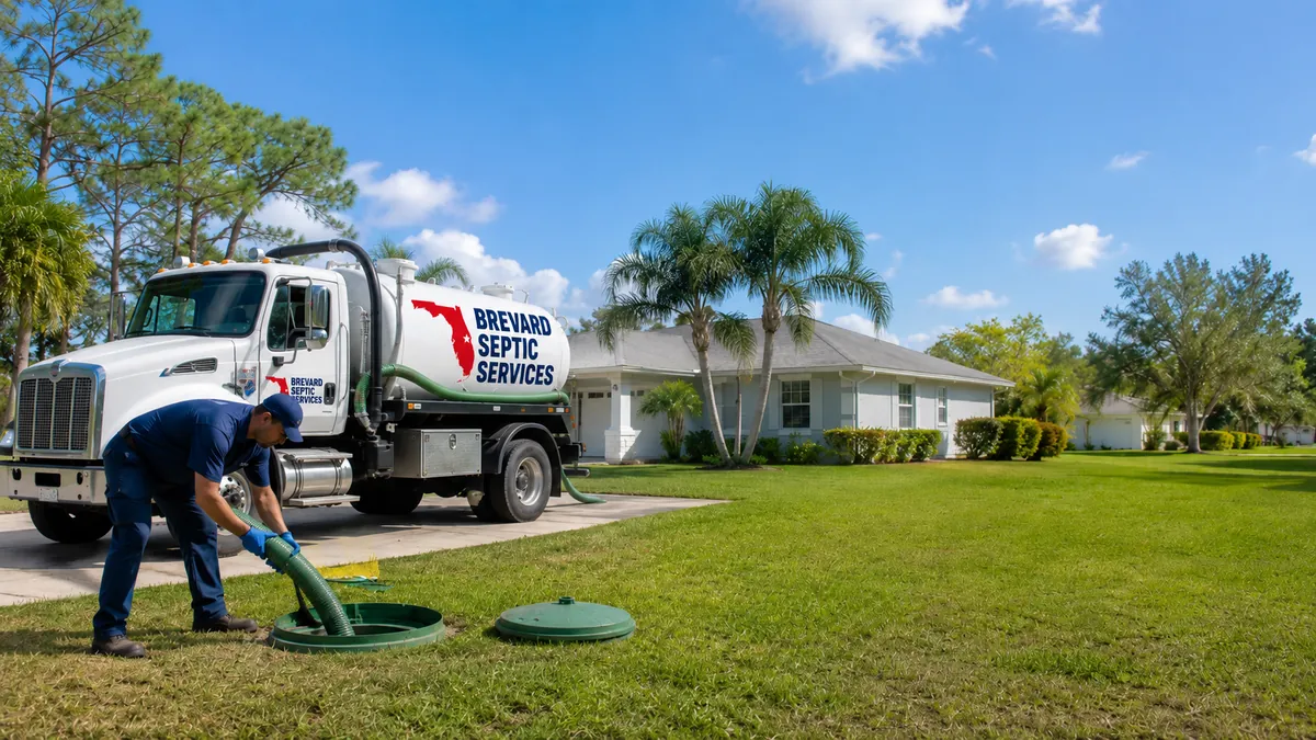 Brevard Septic Services technician pumping a residential septic tank at a Palm Bay, FL home