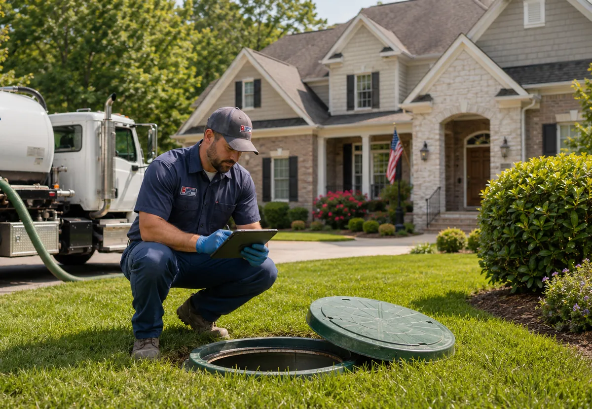 Brevard Septic Services technician inspecting a septic tank before repair at a Rockledge, FL home