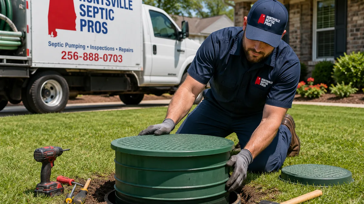 Brevard Septic Services technician installing a septic tank riser at a home in Brevard County, FL